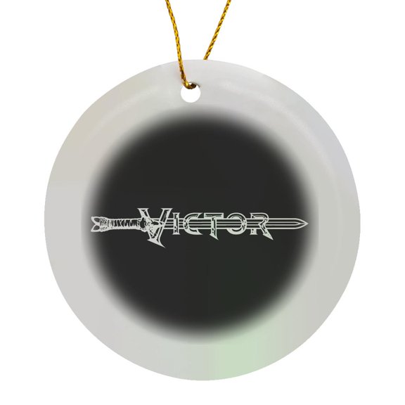 3drose, Victor Name Text. Medieval Sword, Beaded Letters on Black, Circle Porcelain Ornament