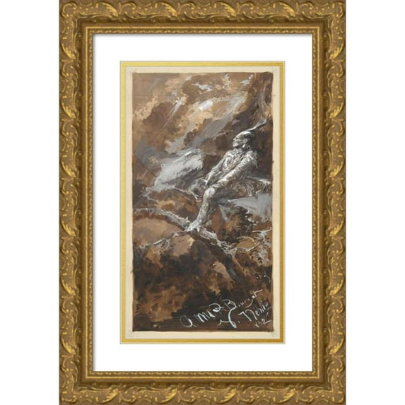 Victor Nehlig 10x14 Gold Ornate Wood Frame and Double Matted Museum Art Print Titled - Indian in a Storm (1882)