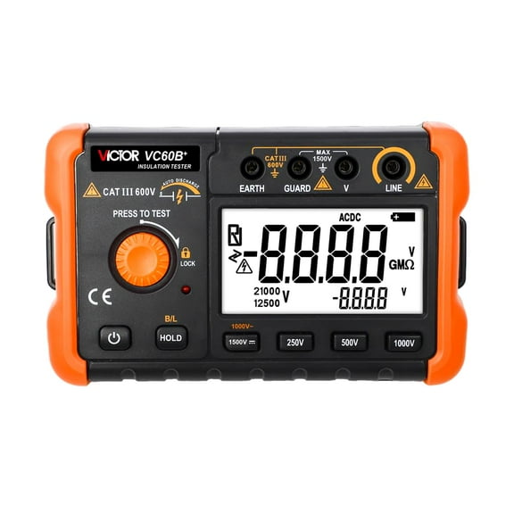 Victor Ohm Meters VC60B+ Digital Insulation Rresistance Tester Megohmmeter, DC AC Voltage Testing 20-1000V, 5%+5 Resistance Accuracy, 5000 Count (Victor VC60B+)