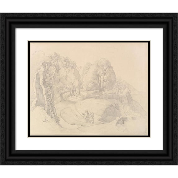 Victor Paul Mohn 14x12 Black Ornate Wood Framed Double Matted Museum Art Print Titled: Wayfarers Near a Ruin in a Hilly Landscape (1863)