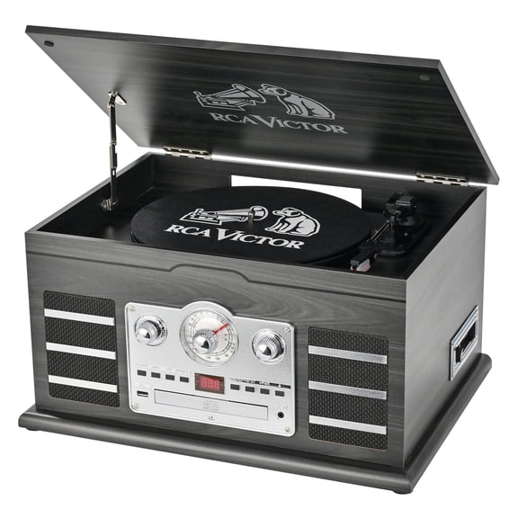 RCA VICTOR 10-Watt Roxbury 3-Speed Belt-Drive Manual 8-in-1 Turntable Music Center, Bluetooth, CD/Cassette/AM FM/USB/Aux, AudioStream , Graphite