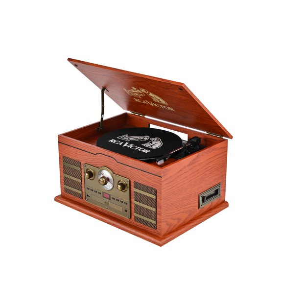 Victor RWRP-3000 Roxbury 8-in-1 Turntable Music Center with AudioStream, 3-Speed Vinyl Player, CD & Cassette Player, Bluetooth 5.4 In/Out, AM/FM Radio, USB Recording, Built-in Speakers