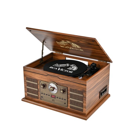 Victor RWRP-3000 Roxbury 8-in-1 Turntable Music Center with AudioStream, 3-Speed Vinyl Player, CD & Cassette Player, Bluetooth 5.4 In/Out, AM/FM Radio, USB Recording, Built-in Speakers
