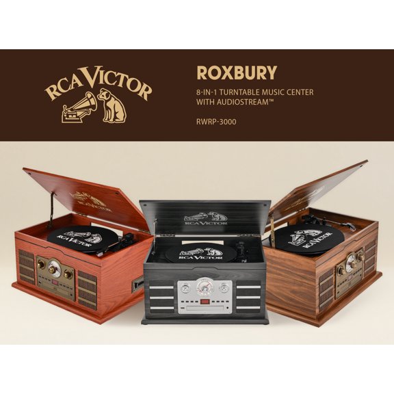 Victor RWRP-3000 Roxbury 8-in-1 Turntable Music Center with AudioStream, 3-Speed Vinyl Player, CD & Cassette Player, Bluetooth 5.4 In/Out, AM/FM Radio, USB Recording, Built-in Speakers
