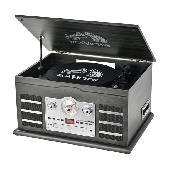 Victor RWRP-3000 Roxbury 8-in-1 Turntable Music Center with AudioStream, 3-Speed Vinyl Player, CD & Cassette Player, Bluetooth 5.4 In/Out, AM/FM Radio, USB Recording, Built-in Speakers