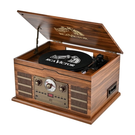 Victor RWRP-3000 Roxbury 8-in-1 Turntable Music Center with AudioStream, 3-Speed Vinyl Player, CD & Cassette Player, Bluetooth 5.4 In/Out, AM/FM Radio, USB Recording, Built-in Speakers