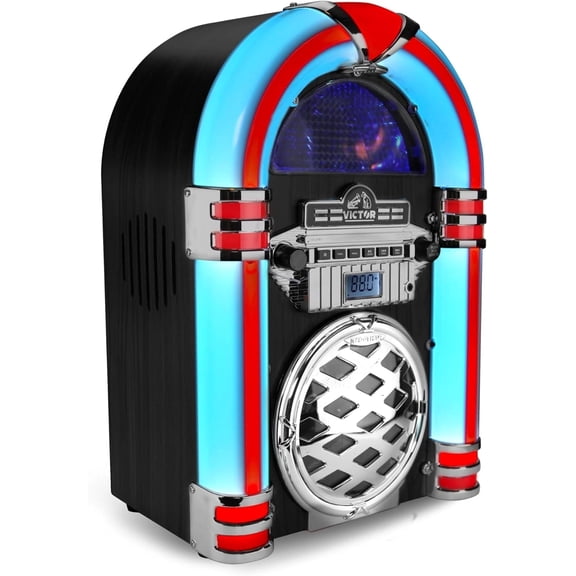 Pre-Owned Victor Retro Bluetooth Jukebox with CD Player & FM Radio | 15-Inch 1950s Diner Style Tabletop Speaker, Color-Changing LED Lights, 33ft Wireless Streaming & AUX Input