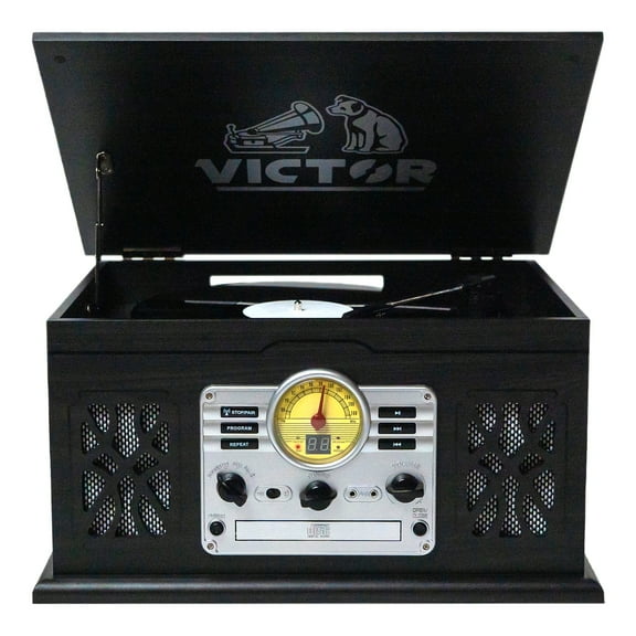 VICTOR State 7-in-1 Turntable Music Center with 3-Speed Record Player, CD/MP3/Cassette Player, FM Radio, Dual Bluetooth In & Out, and Built-in Stereo Speakers, Graphite (VWRP-3800-GR)