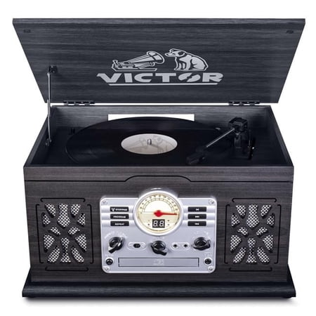 Victor State 7-in-1 Wood Music Center with 3-Speed Turntable and Dual Bluetooth (Graphite)