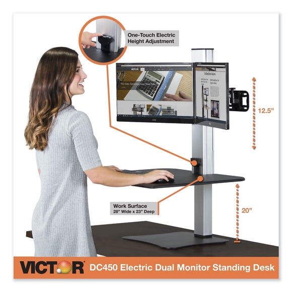 Victor Technology High Rise Electric Dual Monitor Standing Desk Workstation, 28" X 23" X 20.25", Black/Aluminum, 1 Each/Carton
