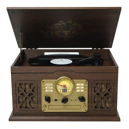 VICTOR State 7-in-1 Turntable Music Center with 3-Speed Record Player, CD/MP3/Cassette Player, FM Radio, Dual Bluetooth In & Out, and Built-in Stereo Speakers, Espresso (VWRP-3800-ES)