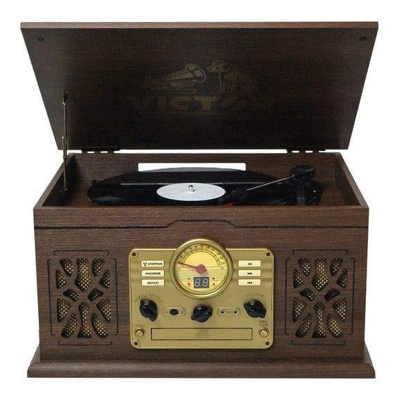 VICTOR State 7-in-1 Turntable Music Center with 3-Speed Record Player, CD/MP3/Cassette Player, FM Radio, Dual Bluetooth In & Out, and Built-in Stereo Speakers, Espresso (VWRP-3800-ES)