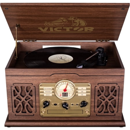 VICTOR State 7-in-1 Turntable Music Center with 3-Speed Record Player, CD/MP3/Cassette Player, FM Radio, Dual Bluetooth In & Out, and Built-in Stereo Speakers, Espresso (VWRP-3800-ES)