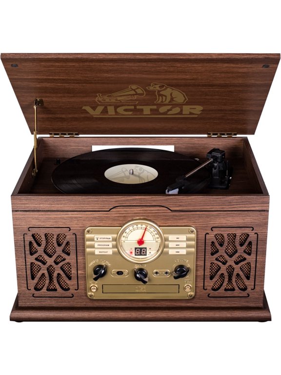 State 7-in-1 Turntable Music Center with 3-Speed Record Player, CD/MP3/Cassette Player, FM Radio, Dual Bluetooth In & Out, and Built-in Stereo Speakers, Espresso (VWRP-3800-ES)
