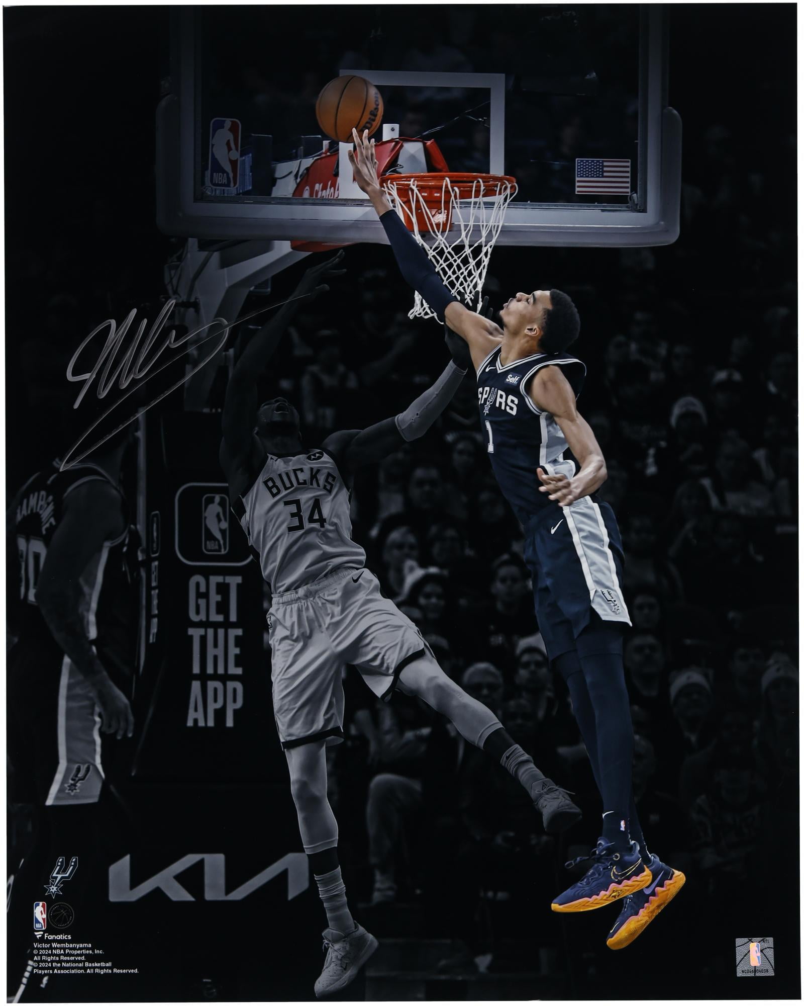 Victor Wembanyama San Antonio Spurs Autographed 16" x 20" Block vs. Giannis Antetokounmpo Spotlight Photograph - Fanatics Authentic Certified
