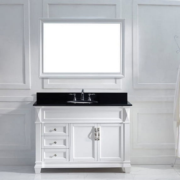 Victoria 48" Single Bath Vanity in Grey with Black Galaxy Granite Top and Square Sink with Polished Chrome Faucet and Mirror