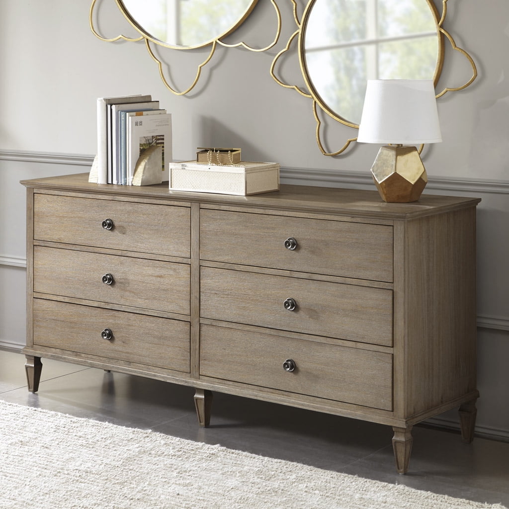 Mid-Century French-Inspired 6-Drawer Gray Dresser