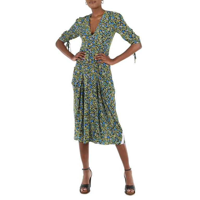 Victoria Beckham Women s Floral Silk Midi Dress Black Yellow Blue Green Size 6