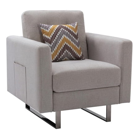 Victoria Beige Linen Fabric Armchair with Metal Legs, Side Pockets, and Pillow