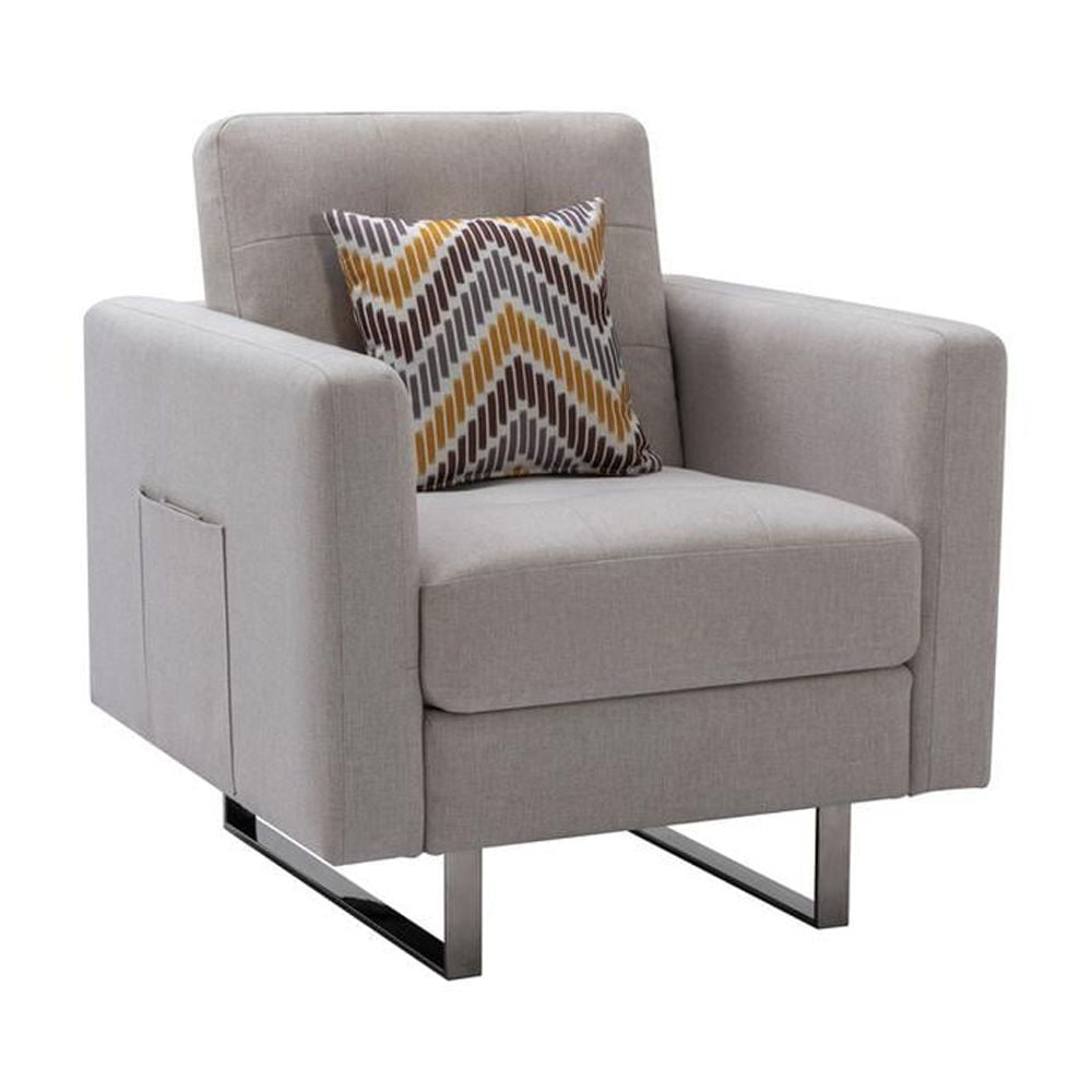 Victoria Beige Linen Tufted Armchair with Metal Legs and Side Pockets