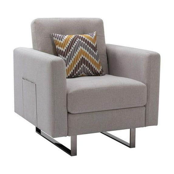 Victoria Beige Linen Fabric Armchair with Metal Legs, Side Pockets, and Pillow