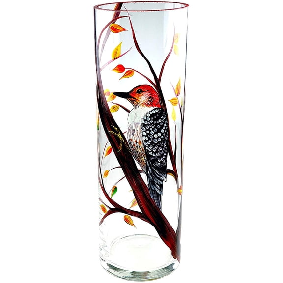 Victoria Bella 11 7/8" Decorative Flower Vase Woodpecker on The Branches, Glass Budding Jar