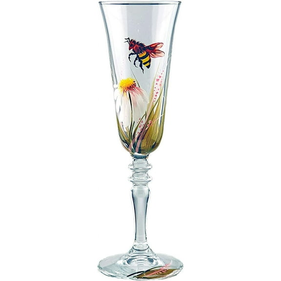 Victoria Bella 440283-2-BBF, 6 Oz Champagne Glasses, 9" High 'Bumblebee in flowers' Glass Flutes, Set of 2