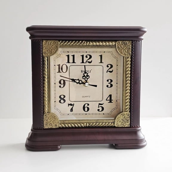 Victoria Bella, CL-510, 10.25 Plastic Mantel Clock, Classic Tabletop Clock for Shelf/Desk, Battery Operated, Quartz Movement, Dark Brown/Gold Accents