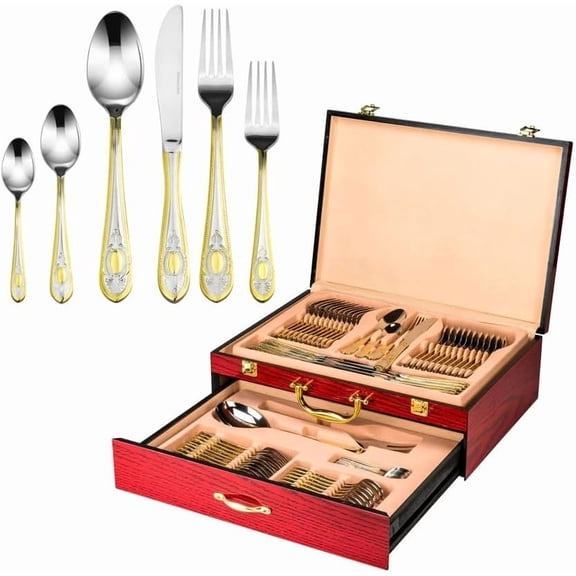 Victoria Bella JS709G-75 75-Piece 18/10 Stainless Steel Cutlery Set, Service for 12 with Dinner Knives Forks Spoons and Serving Utensils in Premium Wooden Case