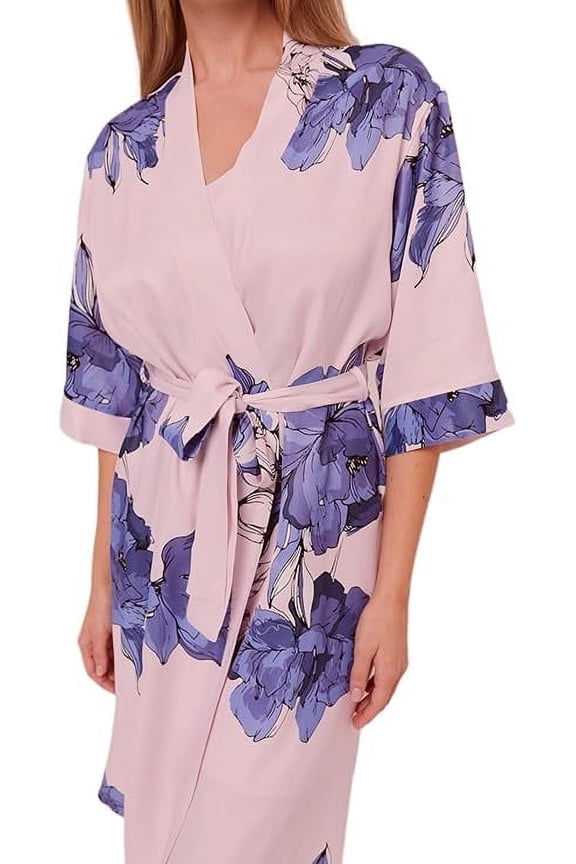 MILAVITSA-9212 Women's peignoir with 3/4 sleeves, viscose 100%, "Eden series, Color: Printed Silver Peony, Size XS