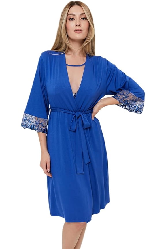 MILAVITSA-9219 Women's wraparound peignoir with wide 3/4 sleeves, length below the knee, Color: Night Iris, Size: XXS