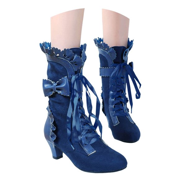 Victoria Boots for Women Halloween Christmas Party Mid Calf Booties Round Toe Lace up Vintage Punk Dress Pump Boots