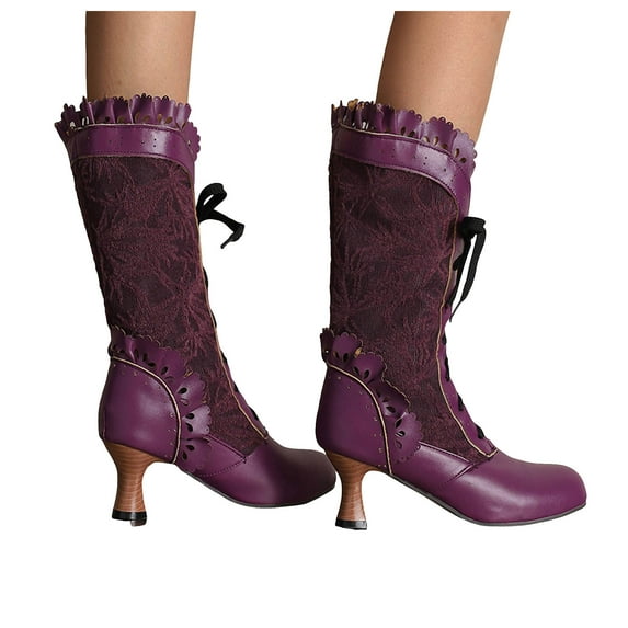 Victoria Boots for Women Halloween Christmas Party Mid Calf Booties Round Toe Lace up Vintage Punk Dress Pump Boots