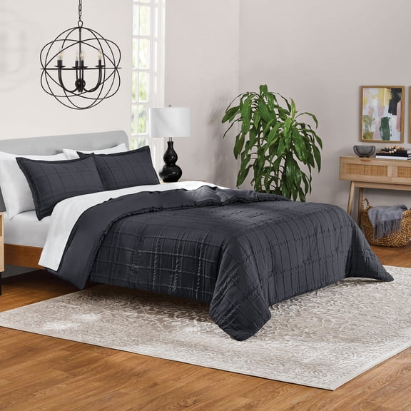 Mainstays 3-Piece Grey Stone Grid Adult Comforter Set, All-Season, King