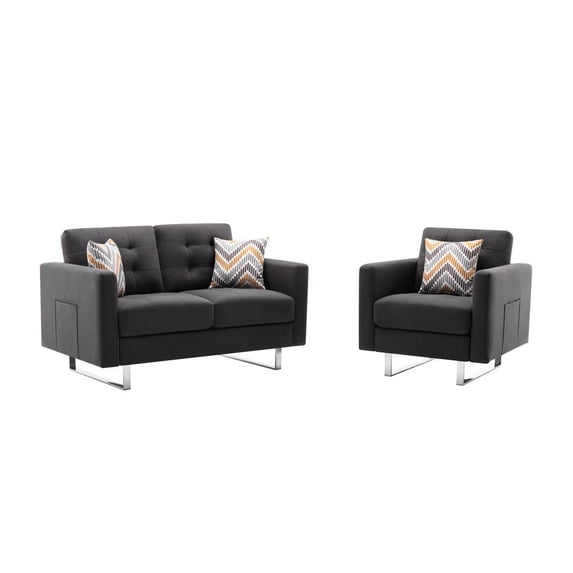 Victoria Dark Gray Linen Fabric Loveseat Chair Living Room Set with Metal Legs, Side Pockets, and Pillows