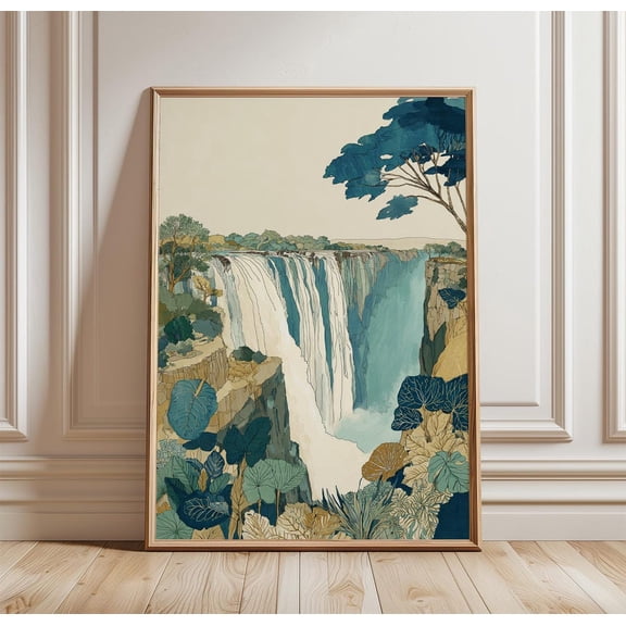 Victoria Falls Waterfall Botanical Landscape Wall Art Zimbabwe Zambia Nature Print, Unframed Paper Print