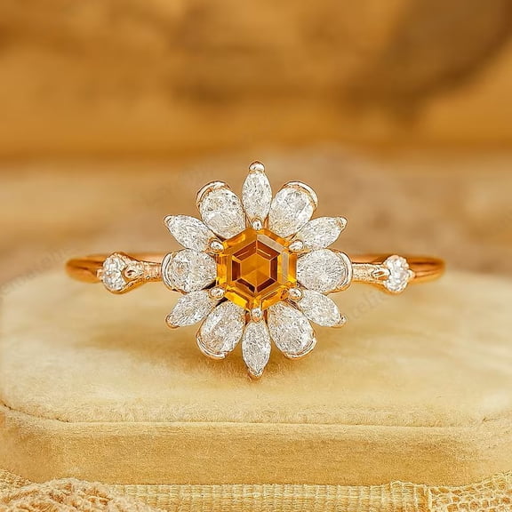 Victoria Floral Style Yellow, Citrine Engagement Ring, Rose Gold Plated