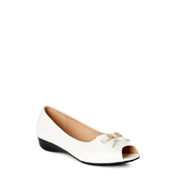 Victoria K Bow With Rhinestones and Gold Embellishment Open Toe Wedge Flats (Women)