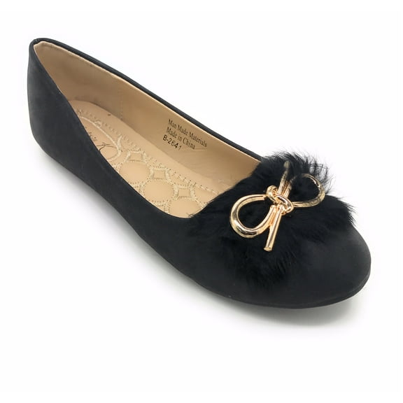 Victoria K Gold Bow Faux Fur Trim Ballerina Flats (Women)