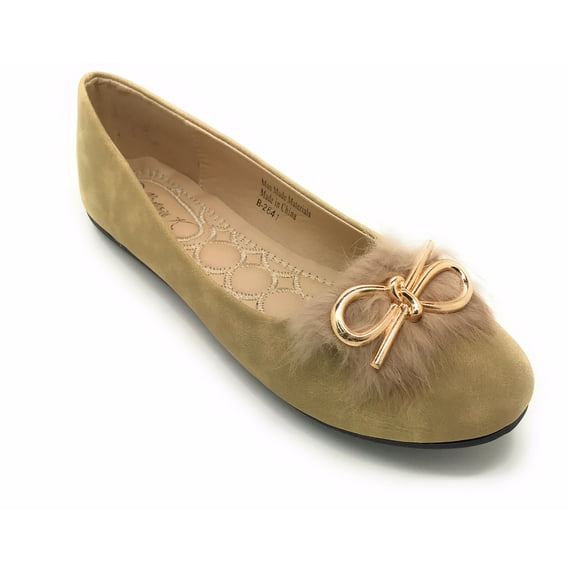 Victoria K Gold Bow Faux Fur Trim Ballerina Flats (Women)