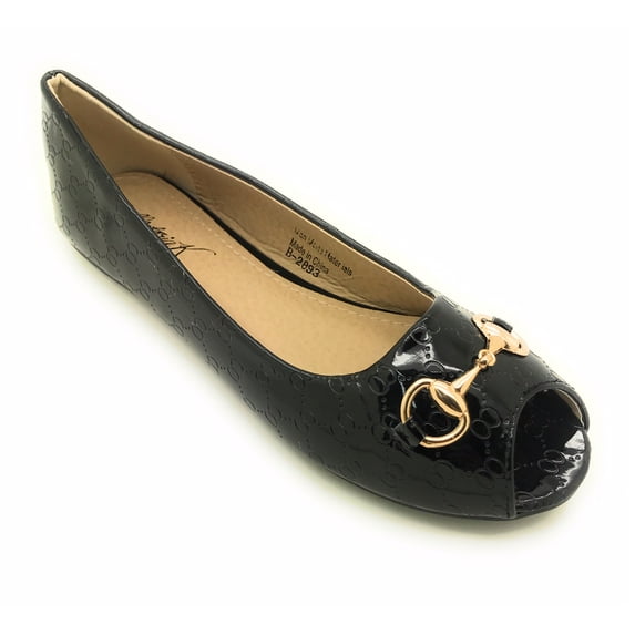 Victoria K Open Toe Gold Buckle Ballerina Flats (Women)