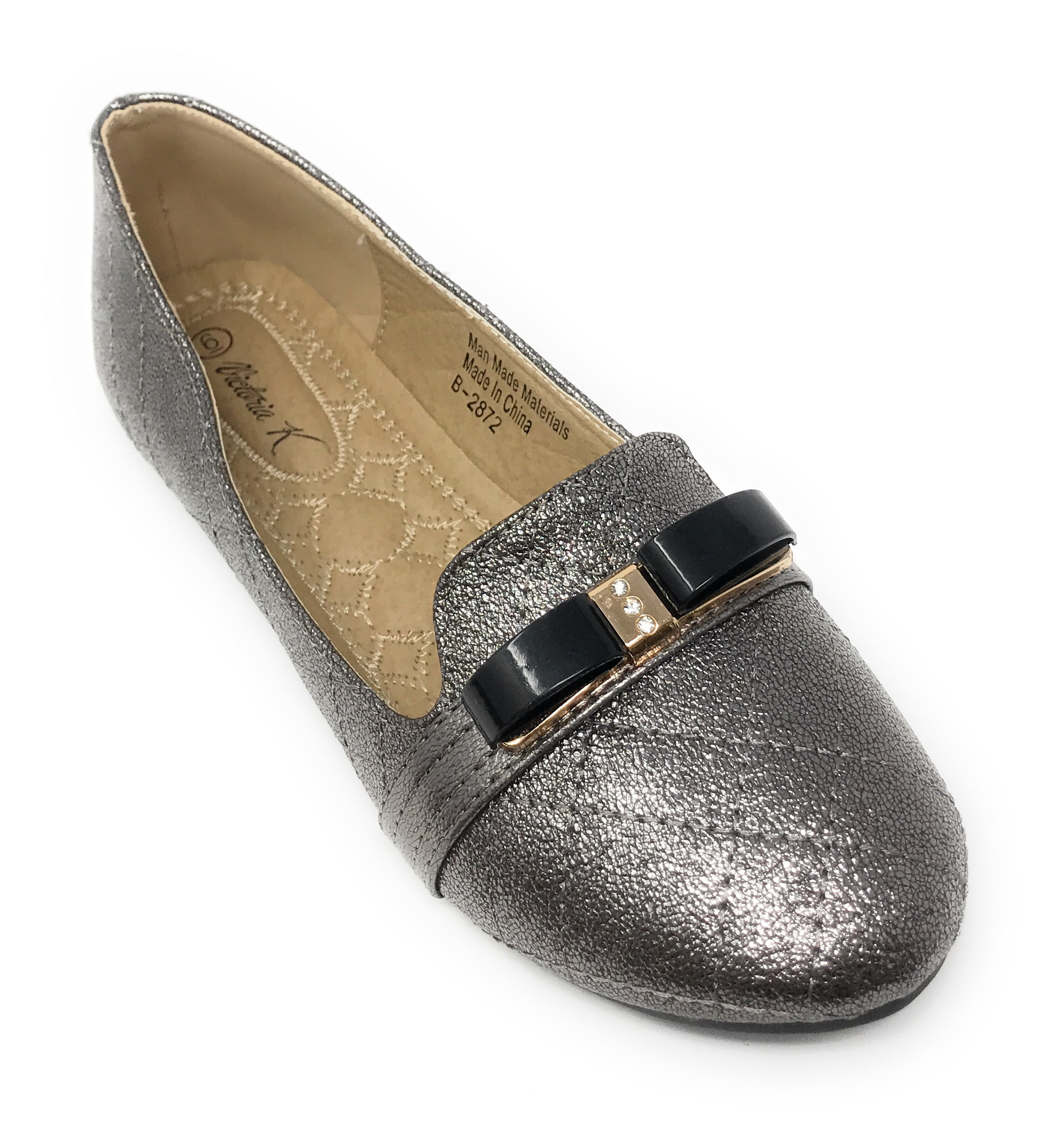 Victoria K Techno Shine Quilted Texture Black Bow Ballerina Flats (Women)