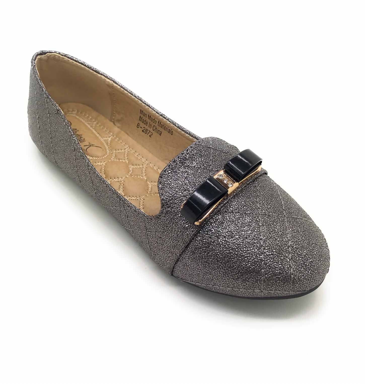 Victoria K Techno Shine Quilted Texture Black Bow Ballerina Flats (Women)