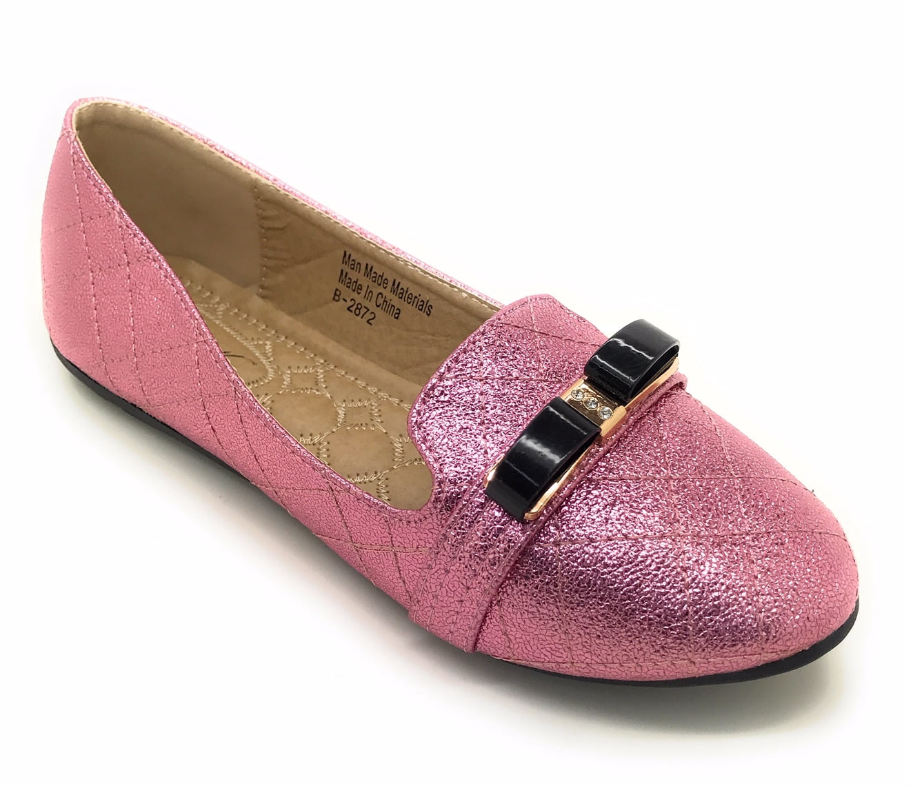 Victoria K Techno Shine Quilted Texture Black Bow Ballerina Flats (Women)