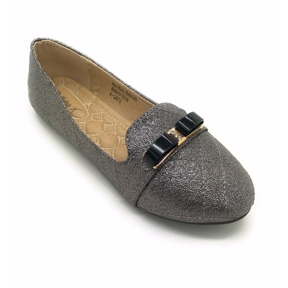 Victoria K Techno Shine Quilted Texture Black Bow Ballerina Flats (Women)