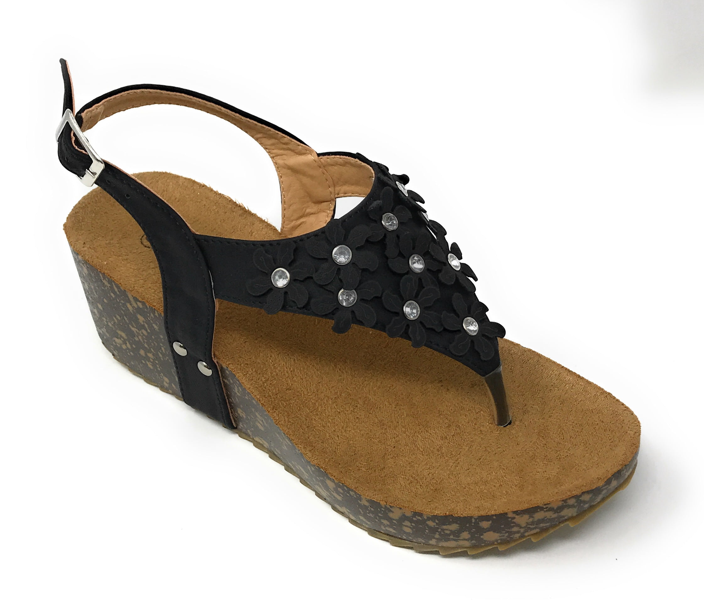 Victoria K Women's Daisy Flowers With Rhinestones Cork Wedge Sandals