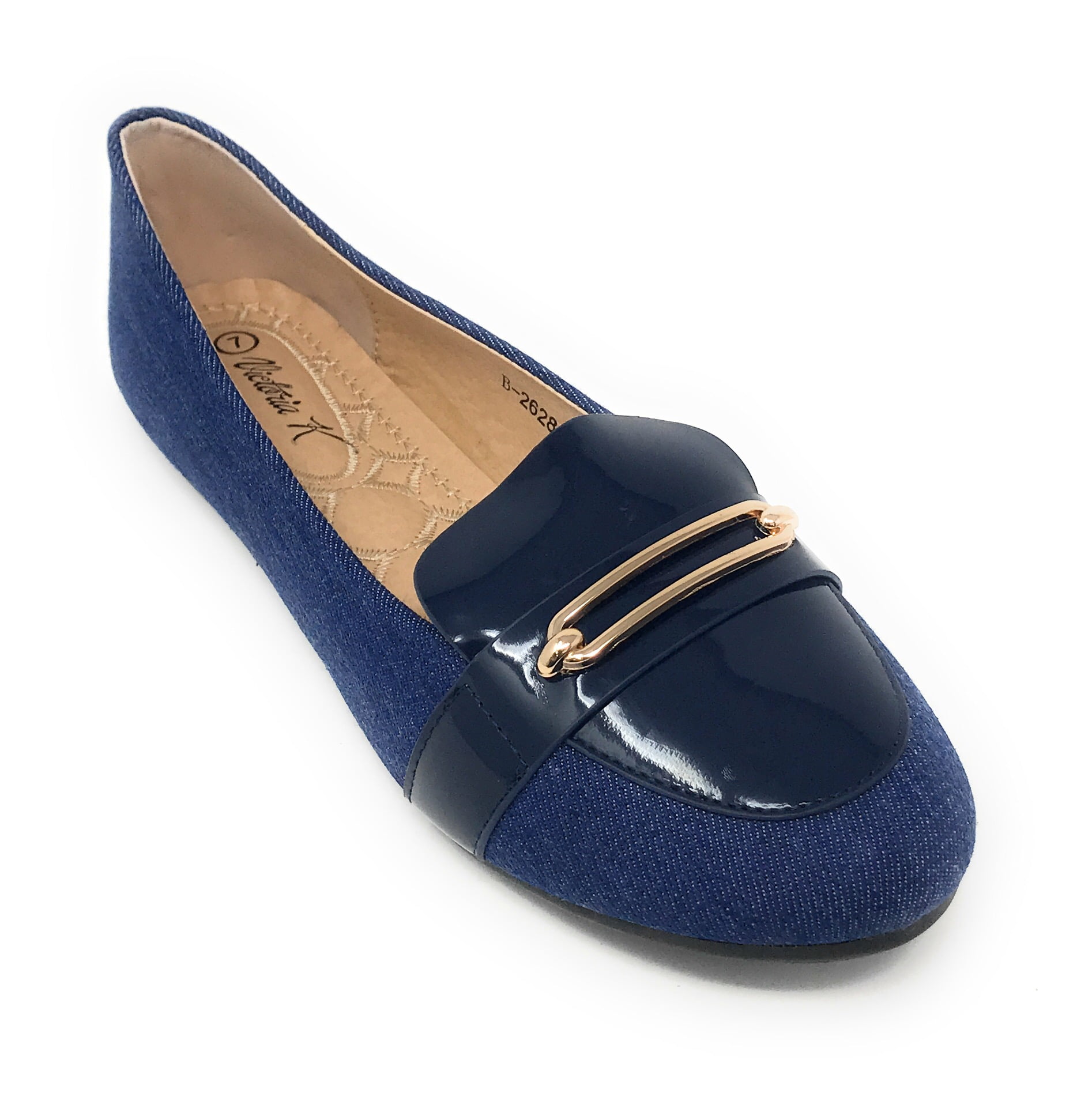 Victoria K Women's Denim Slip-on With Gold Buckle Ballerina Flats