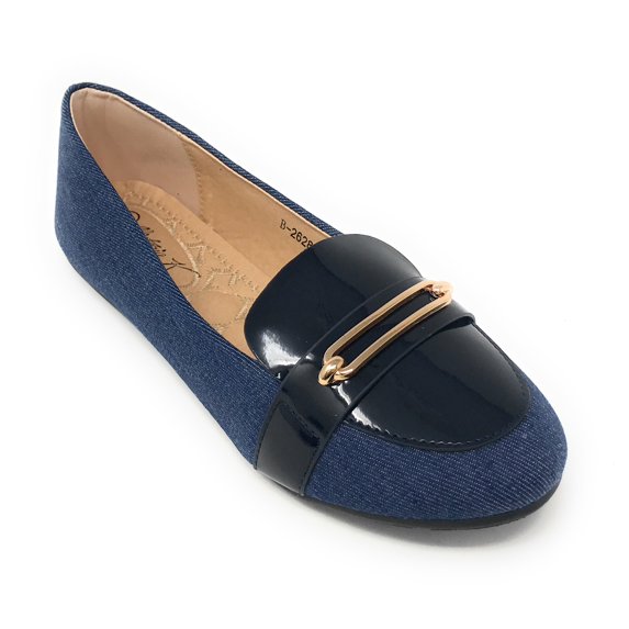 Victoria K Women's Denim Slip-on With Gold Buckle Ballerina Flats