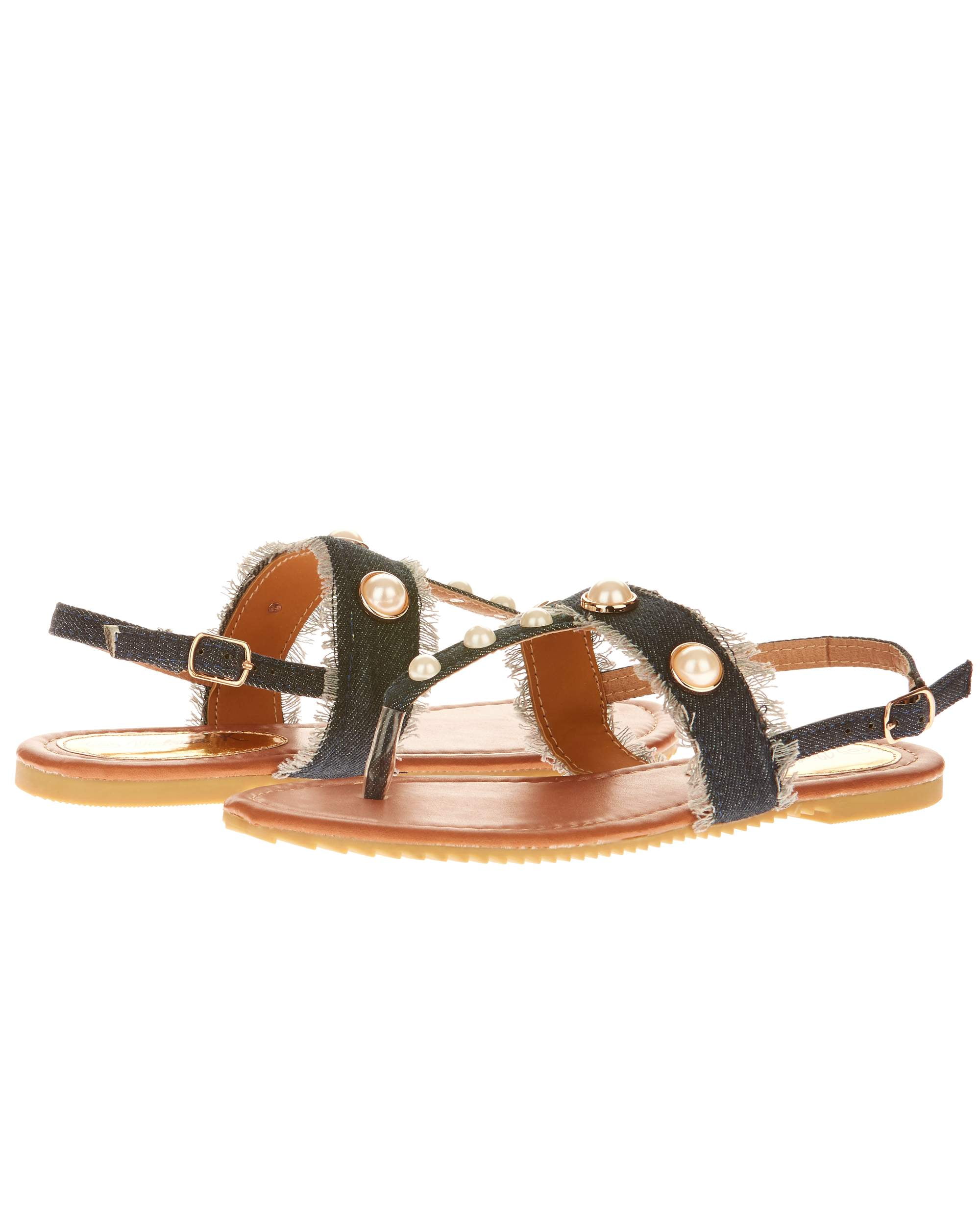 Victoria K Women's Denim and Pearls Sandals