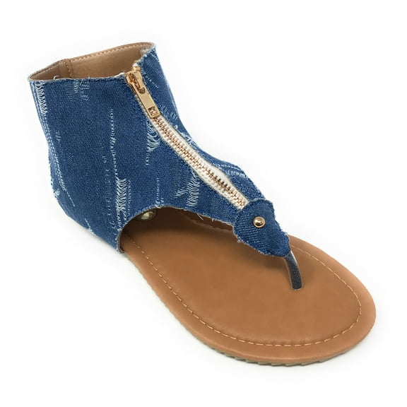 Victoria K Women's Distress Denim Zip Front Sandals